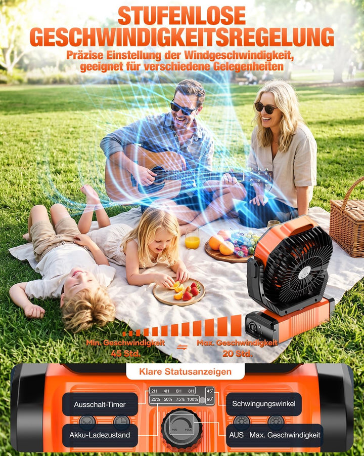 kejector Tragbarer Camping Ventilator, 24000mAh 3-in-1 Akku Gebläse mit LED-Licht, Oszillierender, W