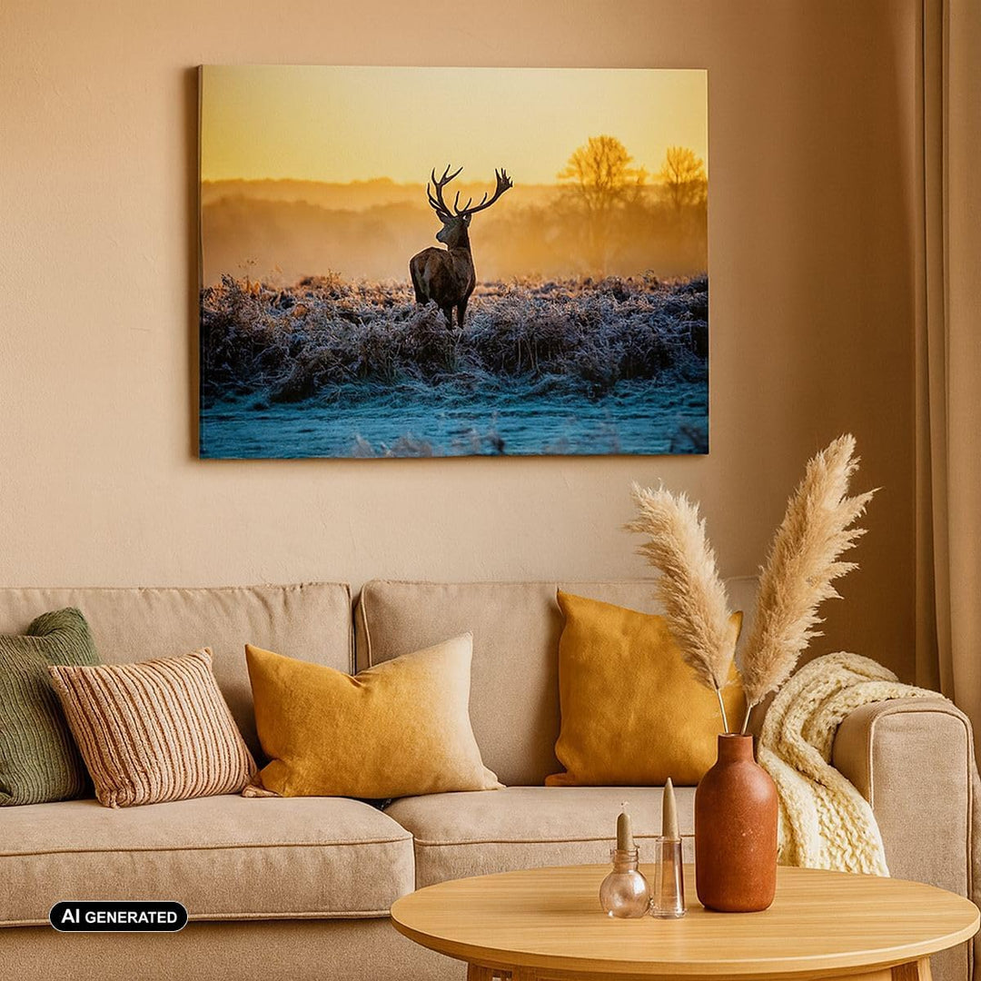 ARTTOR Bilder auf Leinwand 100x70cm Leinwandbild Feld Nebel Natur Baum Gross Wanddeko Bild Schlafzim