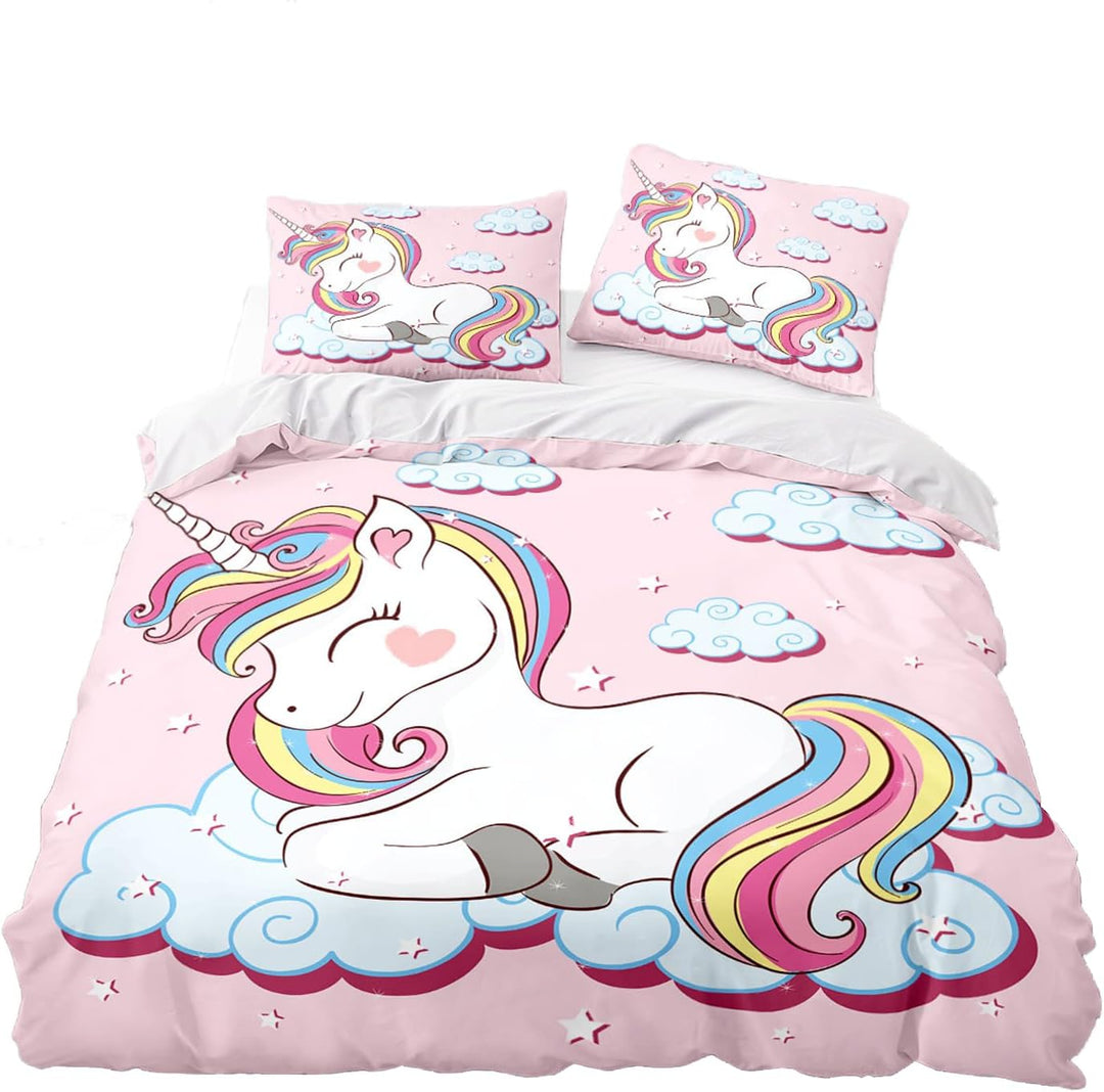 TSOPEFI Rosa Einhorn Mädchen Bettwäsche Set,Cartoon Einhorn Muster Kinder Bettbezug Set,Regenbogen W