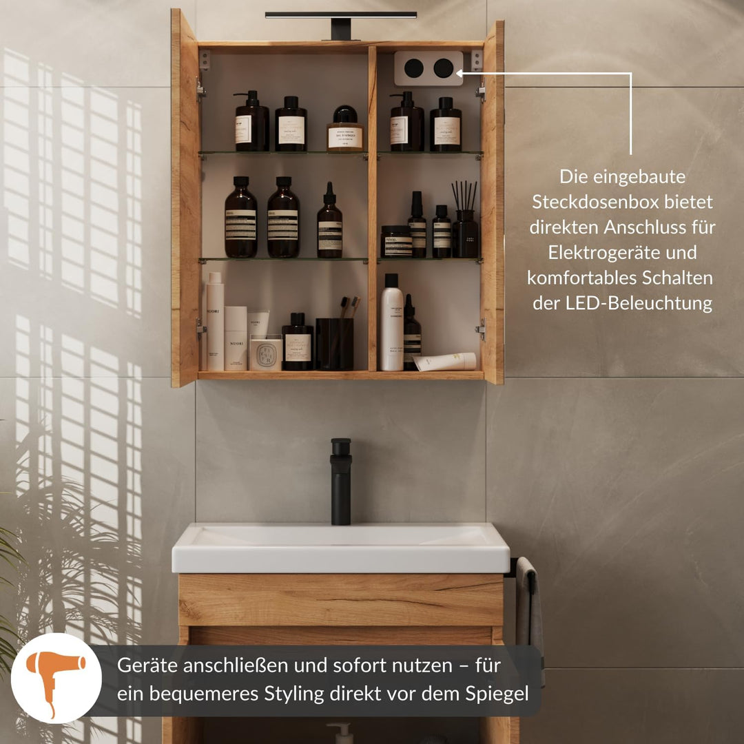 Planetmöbel Spiegelschrank mit LED Beleuchtung 60cm Gold Eiche, Gold Eiche