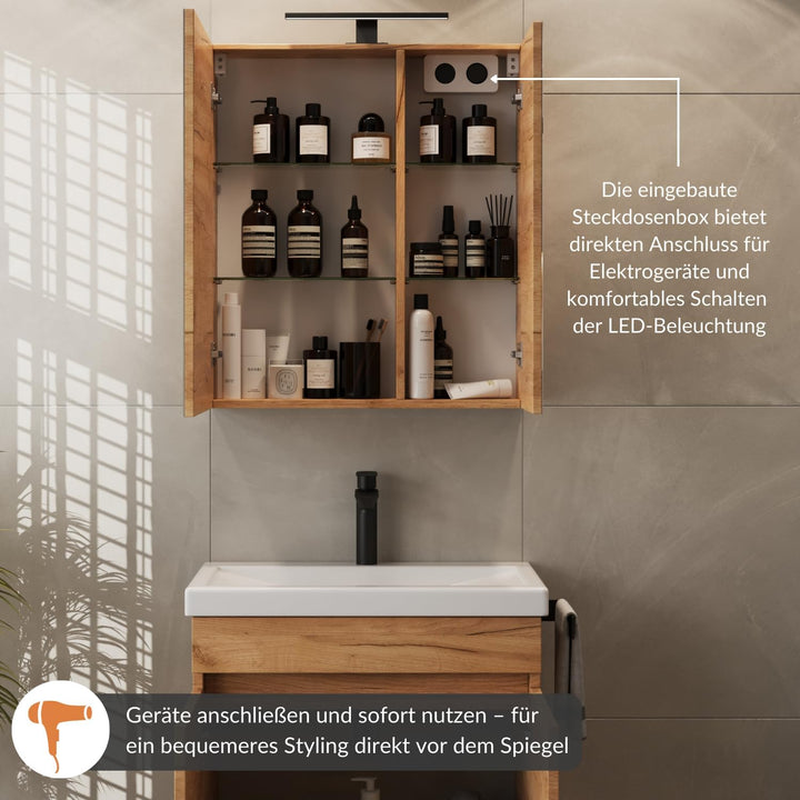 Planetmöbel Spiegelschrank mit LED Beleuchtung 60cm Gold Eiche, Gold Eiche