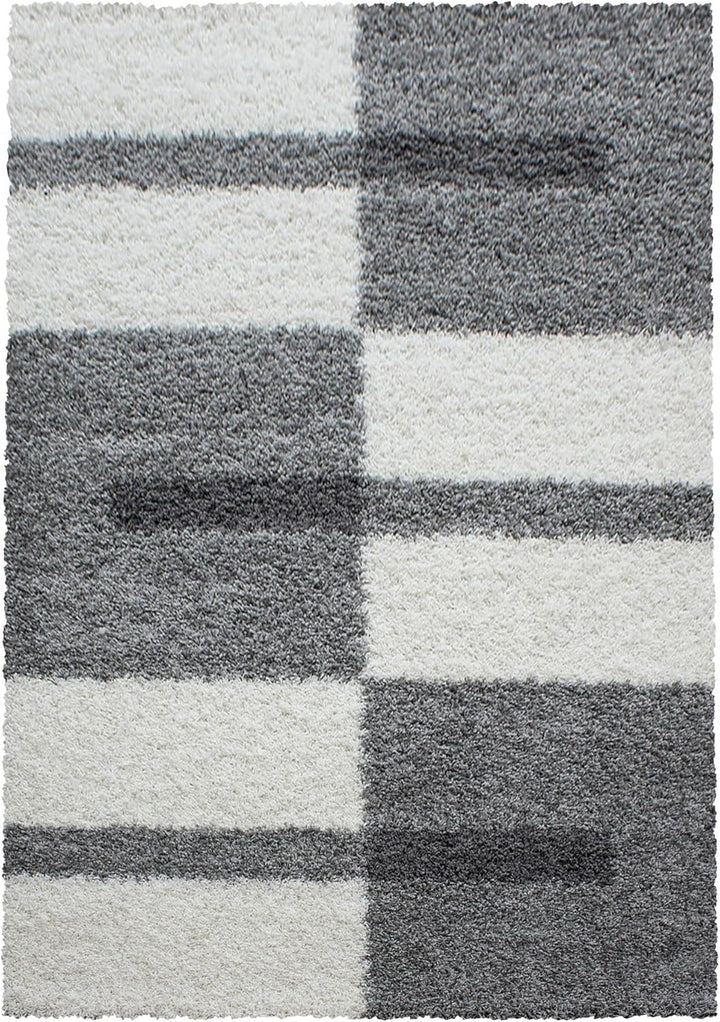 Carpetsale24 Teppich Wohnzimmer Moderne Kariert Design Shaggy Flokati 80 x 250 cm Hellgrau-Creme - H