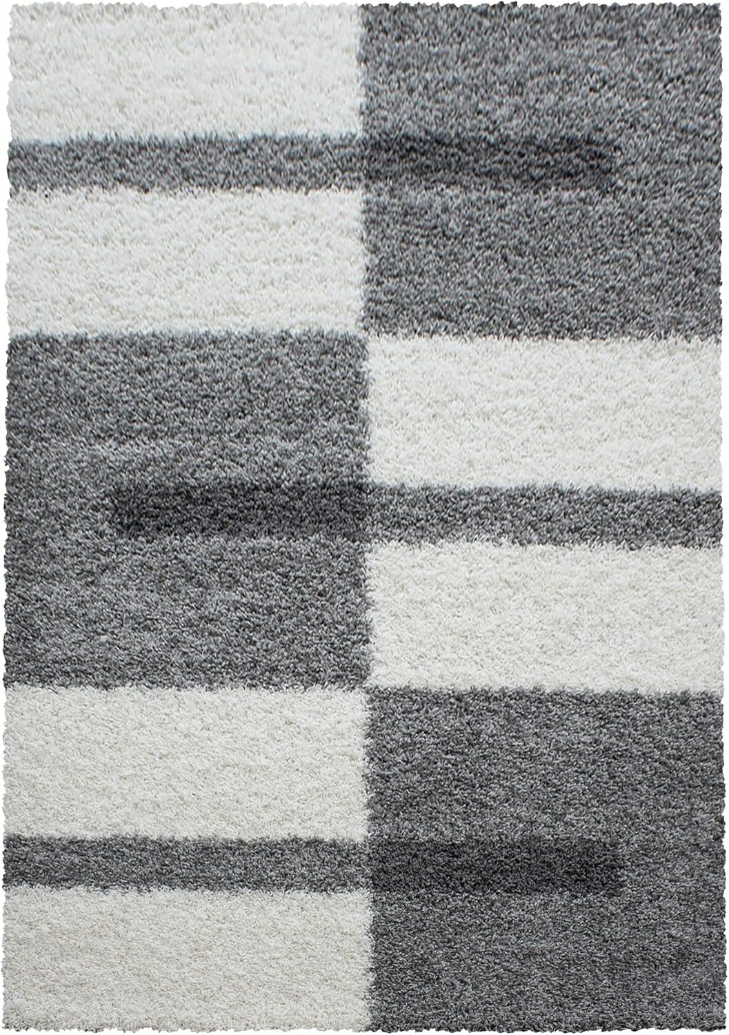 Carpetsale24 Teppich Wohnzimmer Moderne Kariert Design Shaggy Flokati 60 x 110 cm Hellgrau-Creme - H