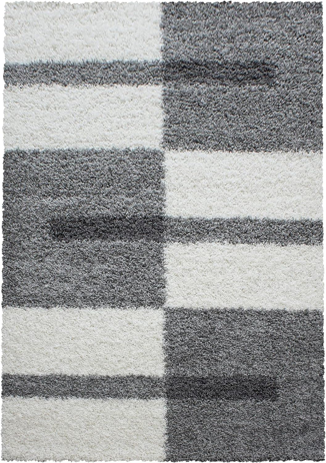 Carpetsale24 Teppich Wohnzimmer Moderne Kariert Design Shaggy Flokati 280 x 370 cm Hellgrau-Creme -