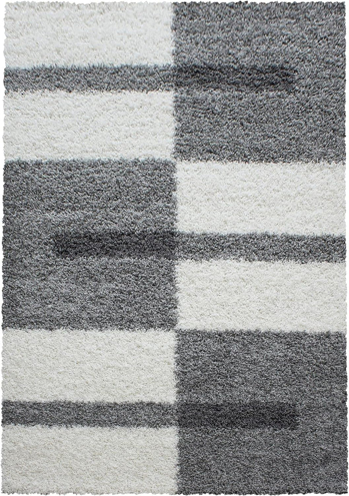 Carpetsale24 Teppich Wohnzimmer Moderne Kariert Design Shaggy Flokati 280 x 370 cm Hellgrau-Creme -