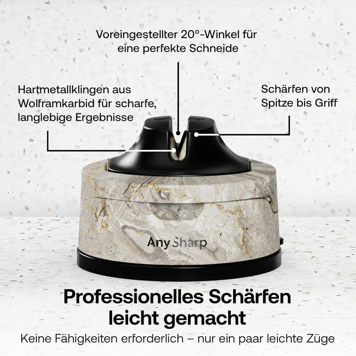 AnySharp Evo Messerschärfer, Freihändige Sicherheit, PowerGrip Saugnapf, Sicheres Schärfen aller Küc