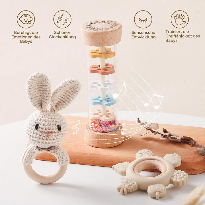 Baby Rassel Set 0 3 6 9 Monate - 3 Stück Baby Rassel Beissring Set mit Gehäkelte Babyrassel und Holz