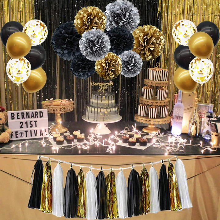 Party Dekoration Set, 57 Stück Schwarz Gold Party Deko, Luftballons, DIY Party Papier Pompoms Blumen