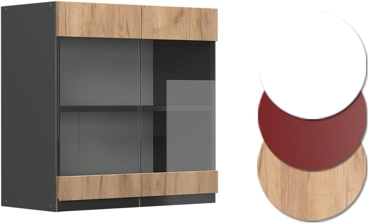 Vicco Küchenschrank Glas R-Line, Goldkraft Eiche/Anthrazit, 60 cm J-Shape Goldkraft Eiche Hängeglass