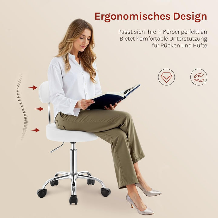 WOLTU Rollhocker Schminkhocker Hocker höhenverstellbar mit Rollen & Lehne Wolkenweiss Arbeitshocker