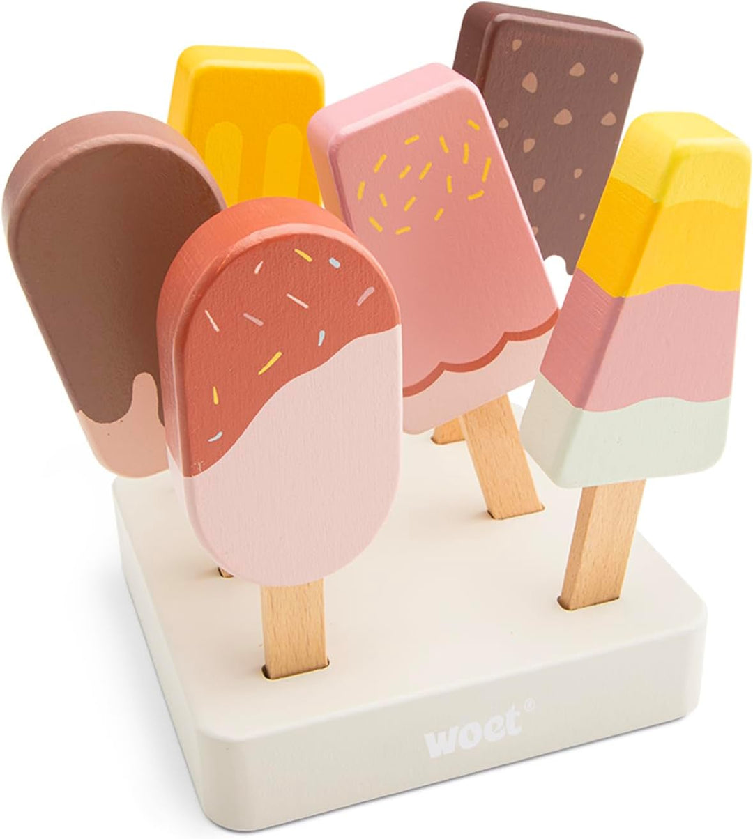 Woet® Holzspielzeug Eisstand für Kleinkinder – Spiellebensmittel Set mit Holzständer und 6 EIS am St