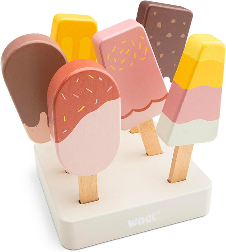 Woet® Holzspielzeug Eisstand für Kleinkinder – Spiellebensmittel Set mit Holzständer und 6 EIS am St