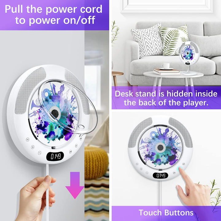 KOVCDVI CD Player Bluetooth mit Touch-Tasten Lautsprecher CD-Player für Wandmontage mit FM-Radio USB