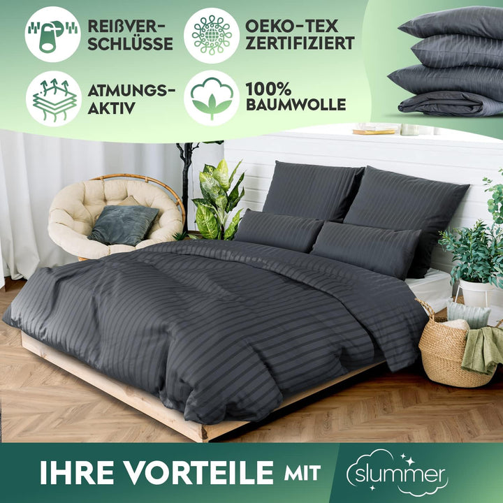 slummer Bettwäsche 135x200 - anthrazit - Bezug Damast 100% Baumwolle - YKK Reissverschluss -