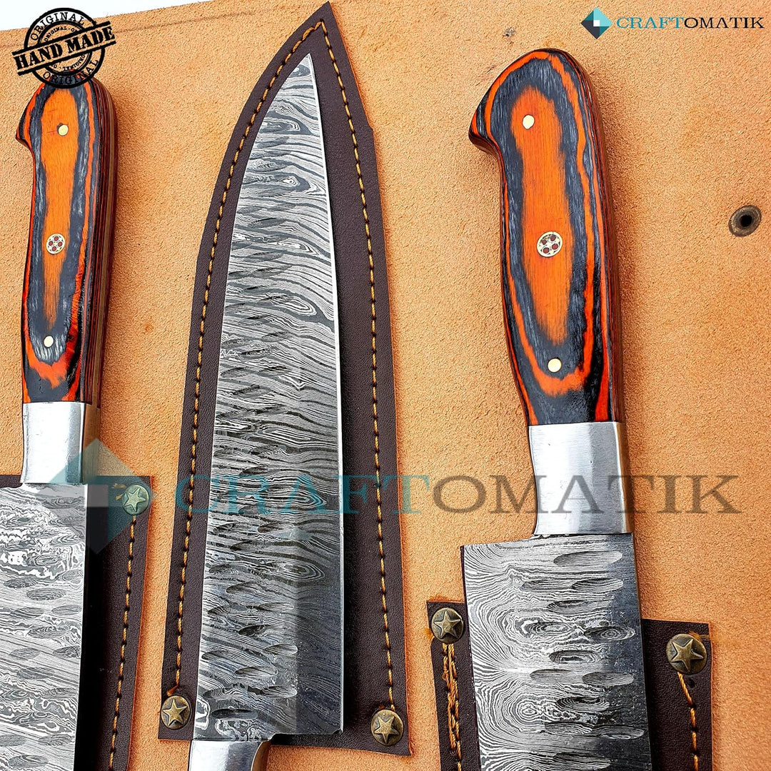 Damast Stahl Chef Set| Küchenmesser Set Camping Grill Besteck Geschenkset mit Ledermesserrolle | Koc