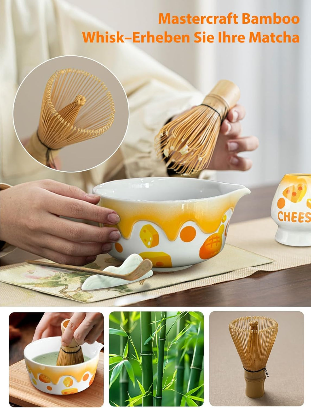 Matcha Set mit Matcha Besen, Keramikschale (560ml, Orange-Käse-Design), Löffel und Zubehör | Set mit
