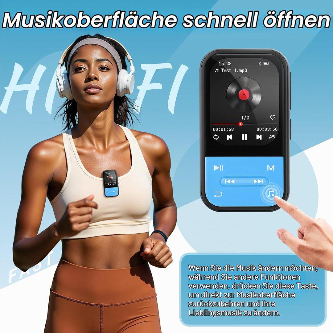 128GB MP3 Player - Clip MP3 Player mit Bluetooth 5.3, tragbarer Musikplayer mit FM-Radio, Sprachaufn