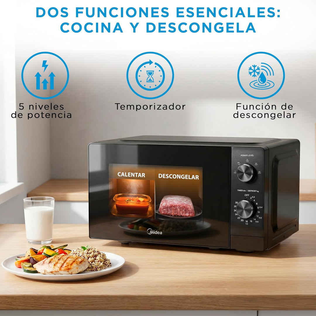 Midea 20 Liter Mikrowelle &amp; 700 W Leistung | Schwarzer Tisch-Mikrowellenherd mit Drehteller, Auftauf
