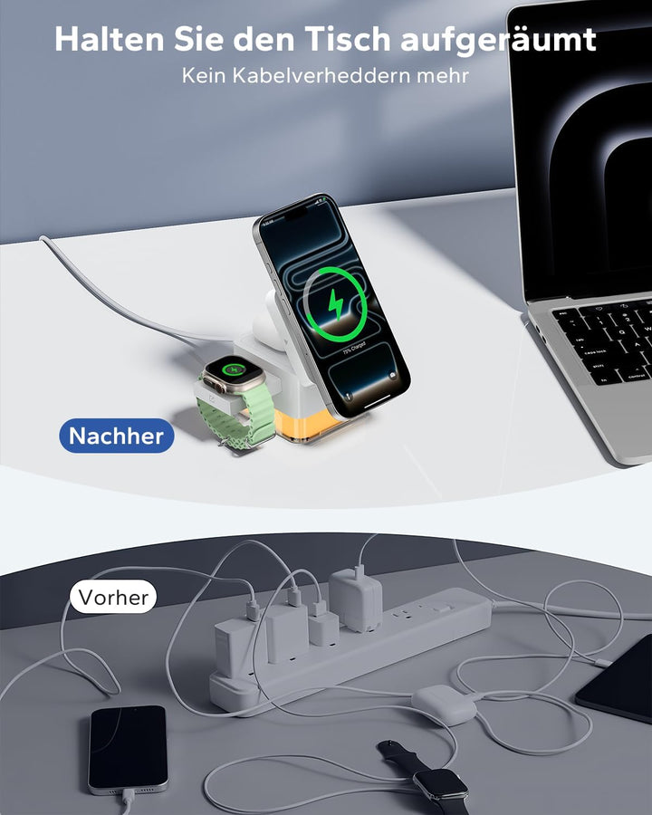 KPON Ladestation Apple Watch und iPhone für Magsafe, 3-in-1 Cube Induktive Ladestation mit Magsafe L
