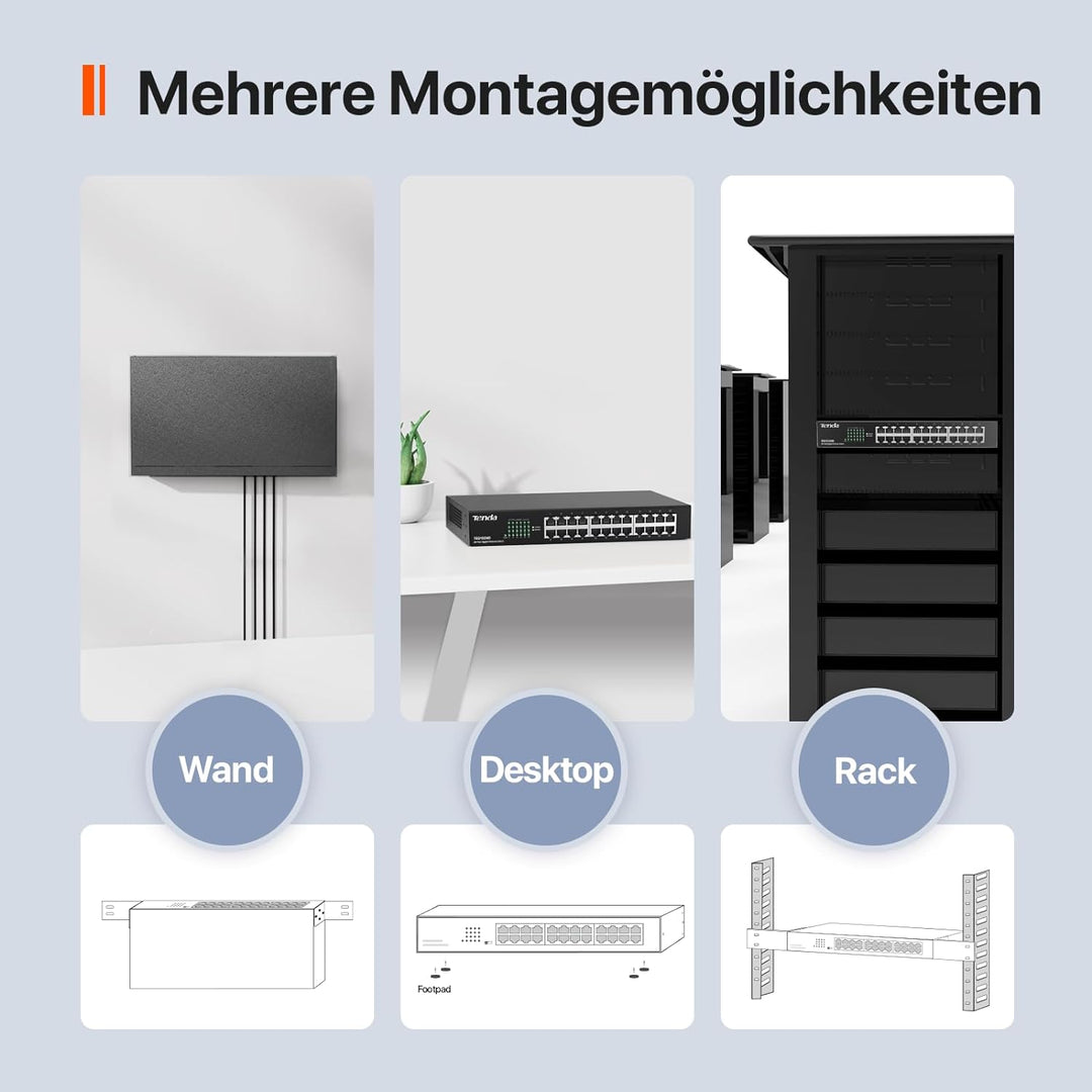 Tenda TEG1024D 24 Port Switch 19 Zoll Rackeinbau Gigabit Switch (Plug-and-Play, 48 Gbit/s Switching-