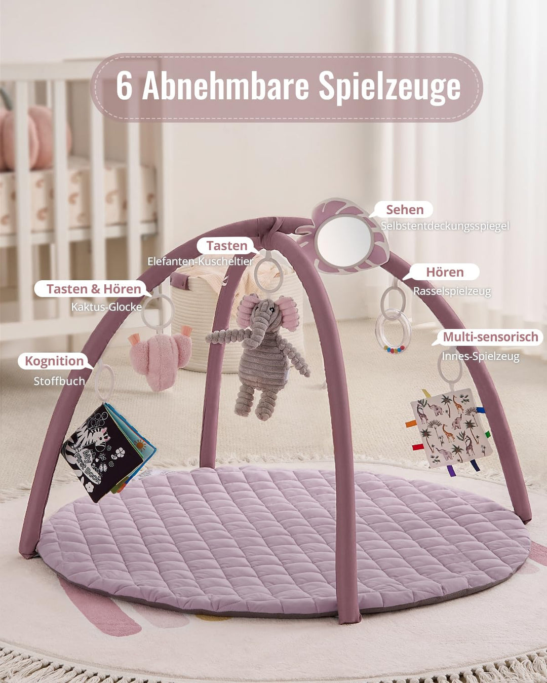 Blissful Diary Spielbogen Baby, Spieldecke Baby Gym Activity Decke mit 6 Abnehmbare Spielzeuge, krab