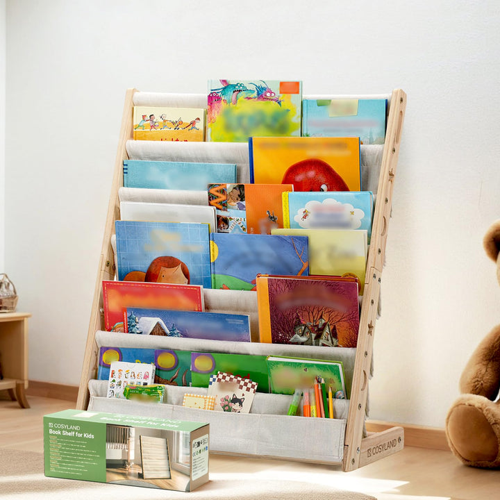 COSYLAND Bücherregal Kinder mit 6 Oxford-Stoff Fächern - Kinderbücherregal aus Naturholz - Bücherreg