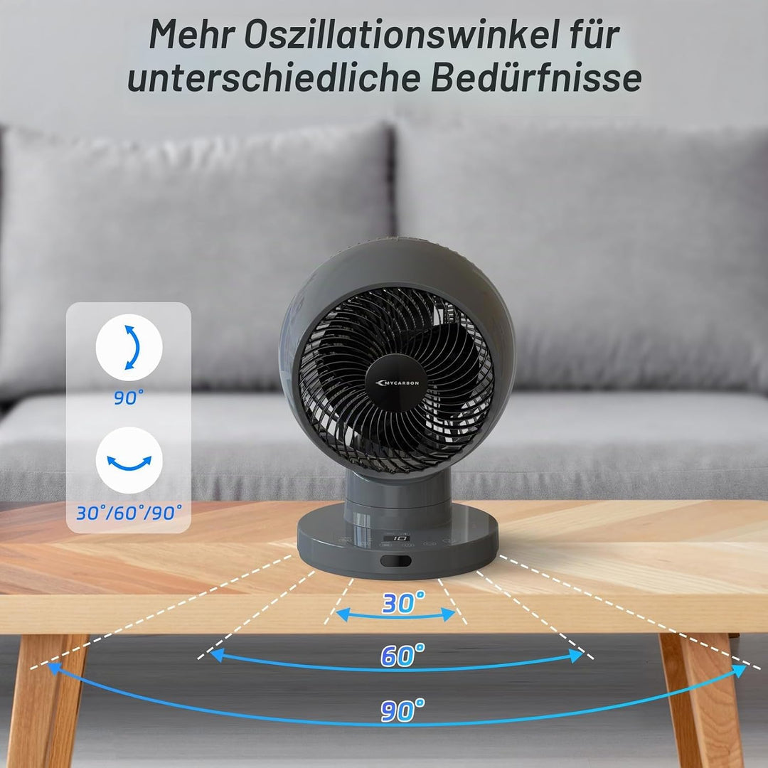 MYCARBON Ventilator leise DC Motor 30°/60°/90° Oszillation 10 Stufe 12h Timmer Turbo Modus Tischvent