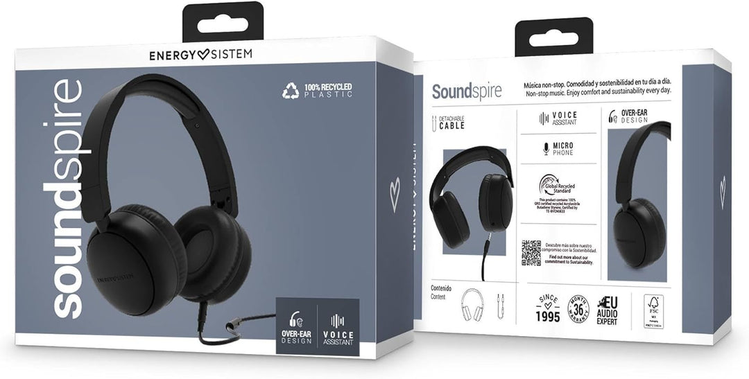 Energy Sistem Soundspire - Kopfhörer (100% recycelter Kunststoff, abnehmbares Kabel, Mikrofon, Sprac