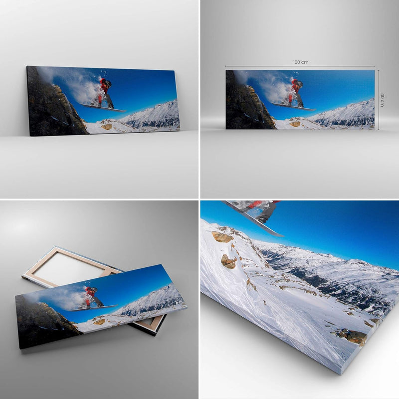 Panorama Bilder auf Leinwand 100x40cm Leinwandbild Snowboard Winter Berg Gipfel Gross Wanddeko Bild