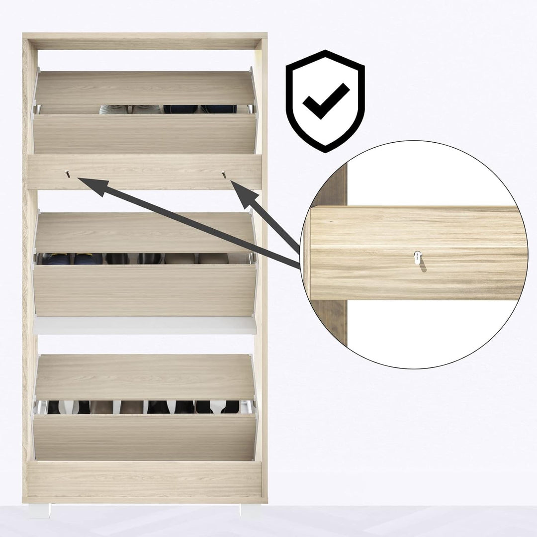 Casaria® Schuhschrank für 18 Paar Schuhe Schmal 115x60x25cm 3 Klappen Hoch Holz Geschlossen Kippsich