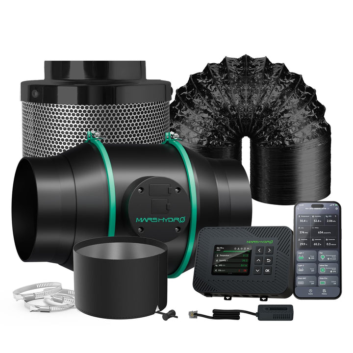 MARS HYDRO 6 Inch 402CFM Inline Fan with Temperature and Humidity Controller, Carbon Filter, and 25