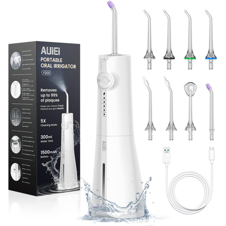 Munddusche, tragbar, Wasserfloss, Munddusche 5 Modi und 8 Düsen, Tank 300 ml, USB aufgeladen, wasser