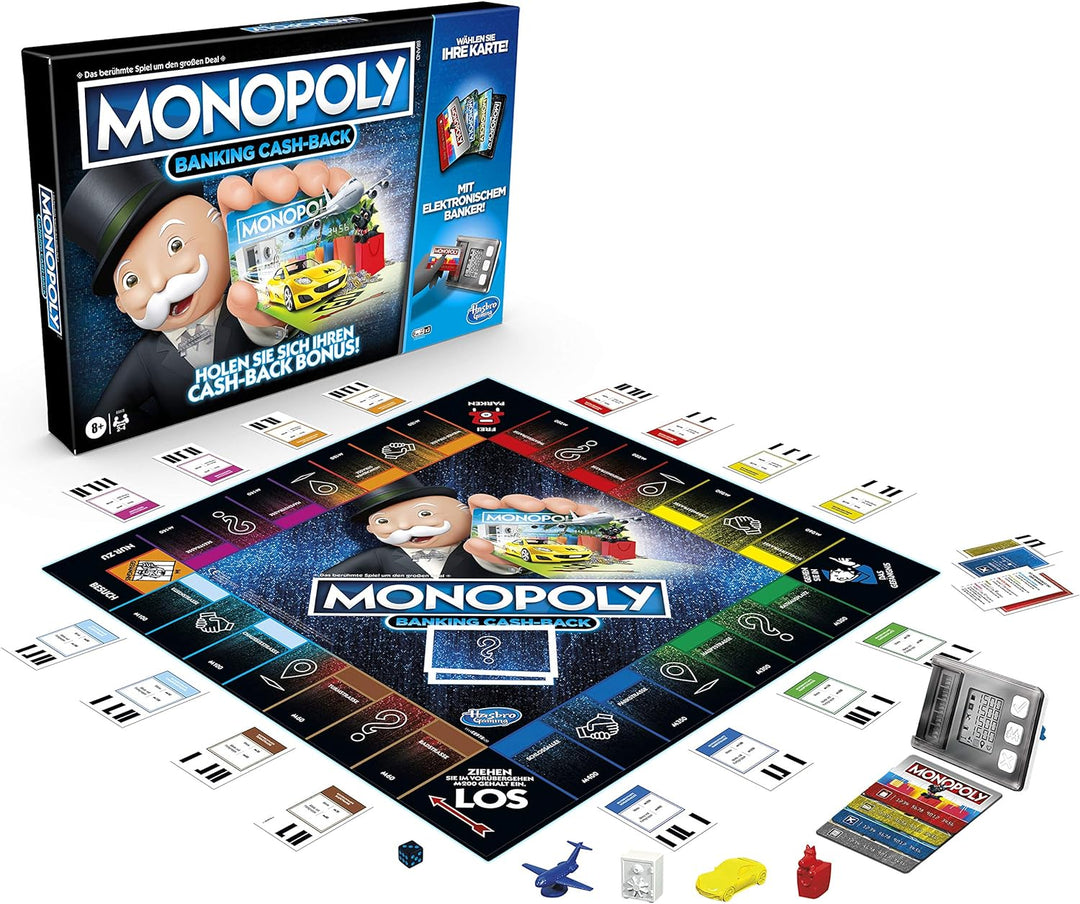 Hasbro Banking Cash-Back Brettspiel; elektronischer Kartenleser; Cash-Back Bonus; bargeldloses Zahle