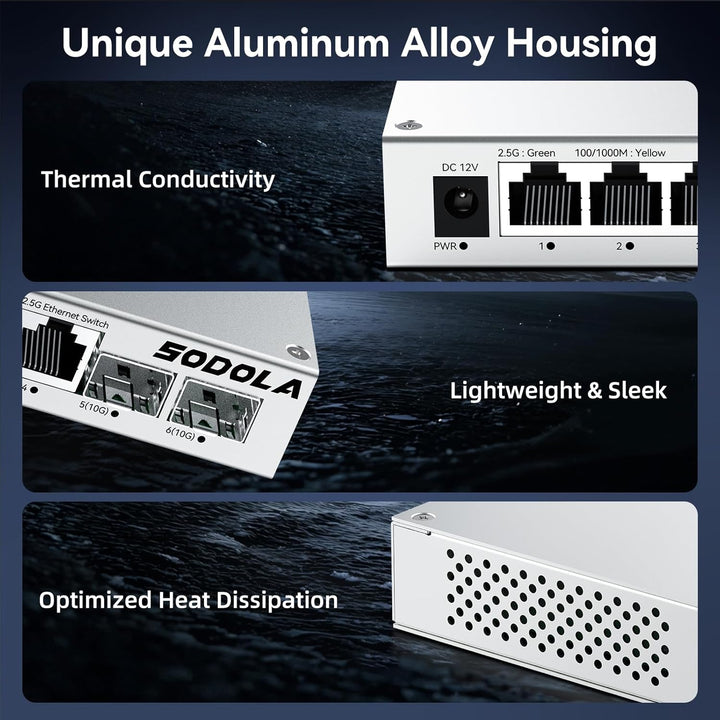 SODOLA 2.5 Gbit Switch– 4X 2,5G Base-T Ports + 2X 10G SFP+, Aluminiumkühlung & Magnetfüsse, Lüfterlo