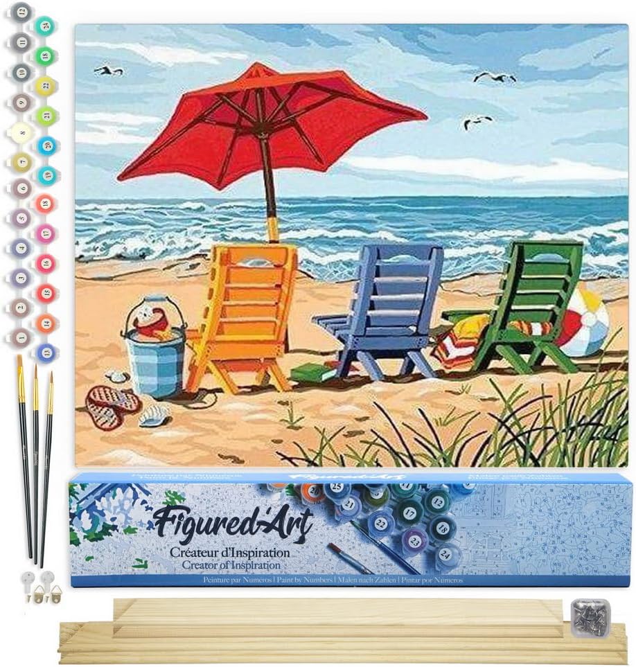 Figured'Art Malen Nach Zahlen Erwachsene Mit Rahmen Stühle am Strand - Paint by Numbers Basteln DIY