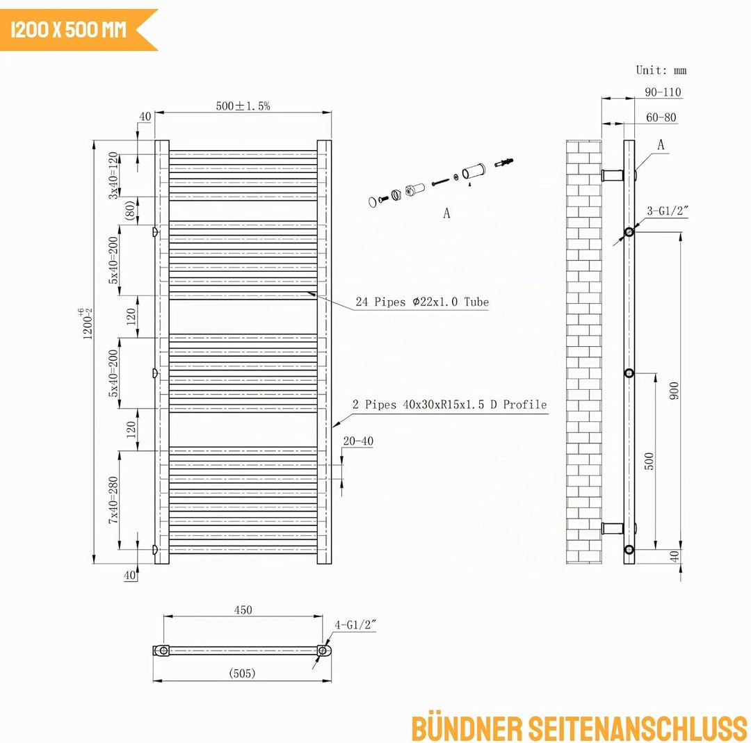 WITEN&amp;NOCK handtuchheizkörper Badheizkörper 1200x 500 mm Designheizkörper Heizkörper Seitenanschluss