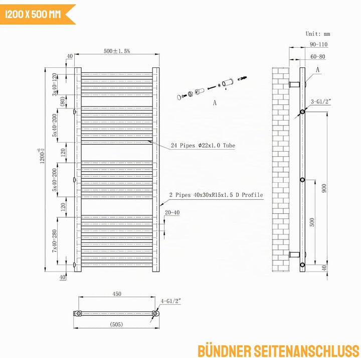 WITEN&amp;NOCK handtuchheizkörper Badheizkörper 1200x 500 mm Designheizkörper Heizkörper Seitenanschluss