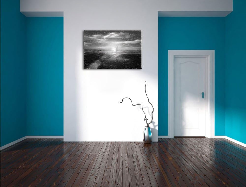 Pixxprint Yoga Silhouette am Strand / 100x70cm Leinwandbild bespannt auf Holzrahmen/Wandbild Kunstdr