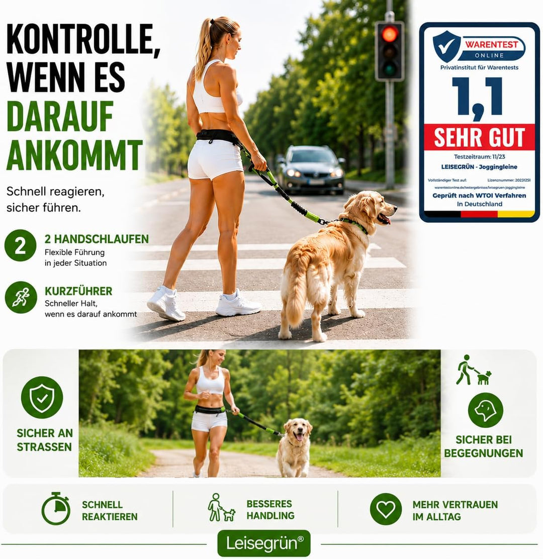 Leisegrün Joggingleine für mittelgrosse Hunde bis 25 kg – Freihand-Hundeleine mit verstellbarem Bauc
