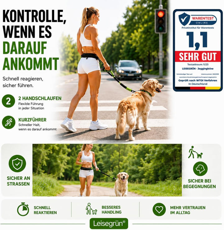 Leisegrün Joggingleine für mittelgrosse Hunde bis 25 kg – Freihand-Hundeleine mit verstellbarem Bauc