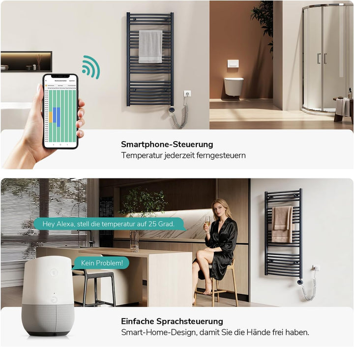 EMKE WiFi Badheizkörper Elektrisch 1200x600 mm - Gebogen Handtuchheizkörper Elektrisch, Elektrischer