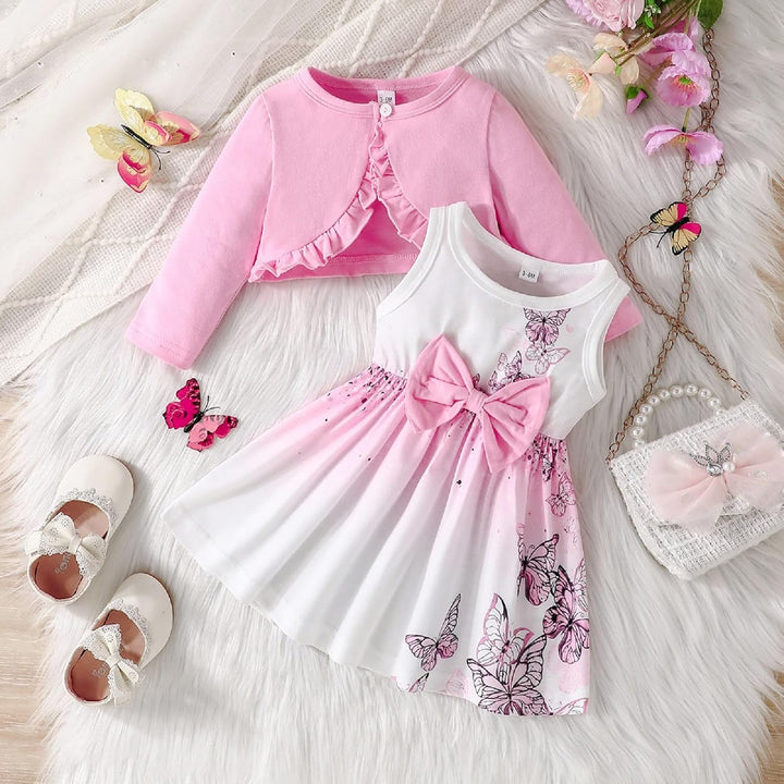 Kunyeah Baby Mädchen Kleid und Strickjacke Set Kleinkind Ruffle Shrug Mantel Schmetterling Print Roc