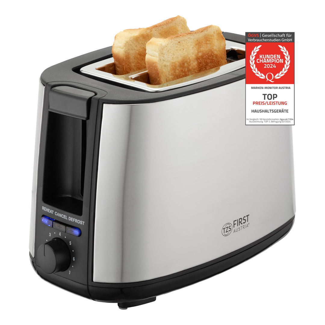 TZS First Austria 2-Scheiben Toaster i Selbstzentrierfunktion i 7 Bräunungsstufen i Auftau- und Aufw