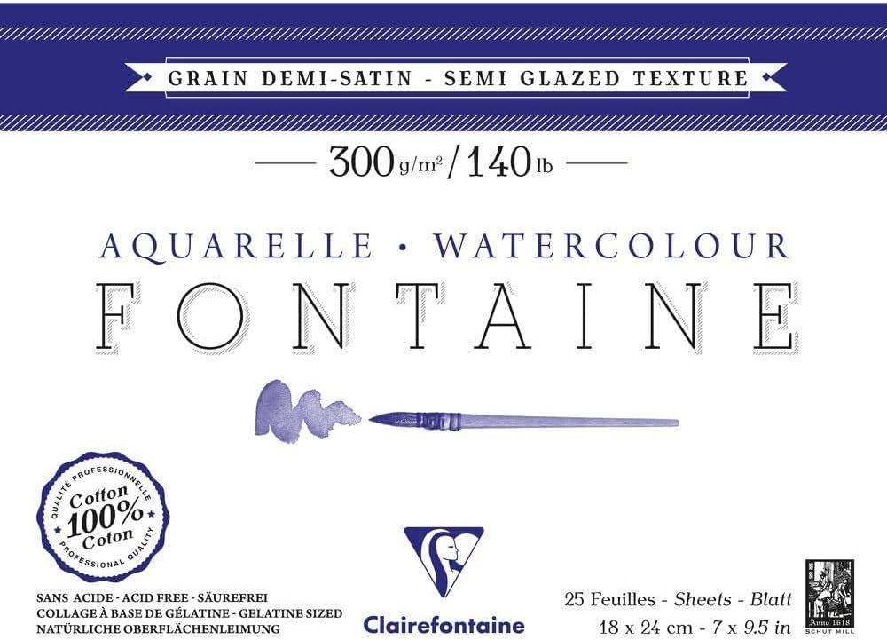 Clairefontaine 96405C Malblock, 4-seitig verleimt Aquarellpapier Halbsatiniert, Fontaine/Hadern, 12