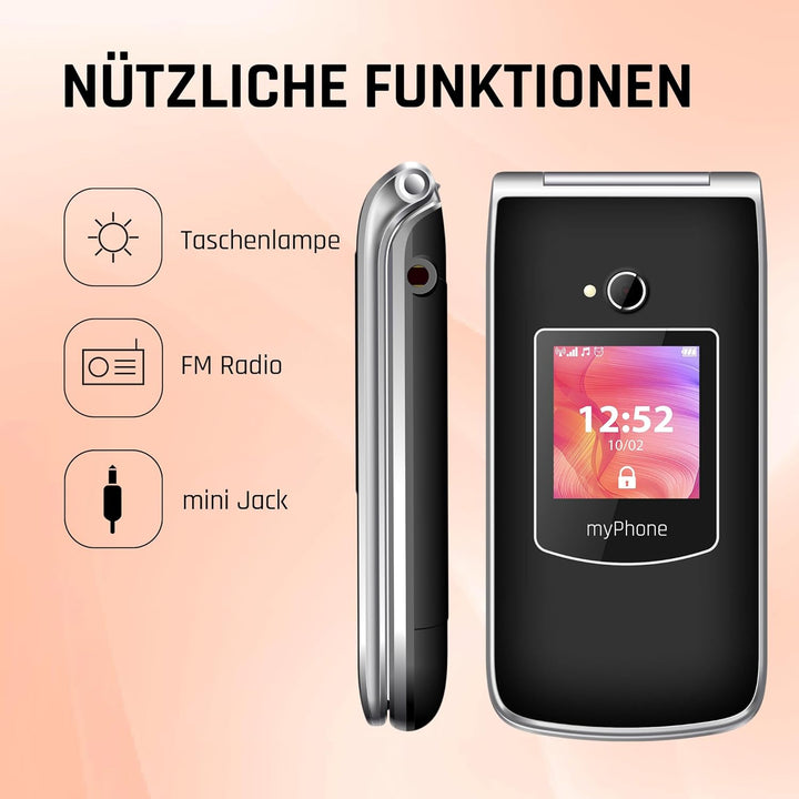 MP myPhone myPhoneRumba 2 Schwarz 2.4” Farbdisplay Klapphandy ohne Vertrag mit Grossen Tasten und Ka