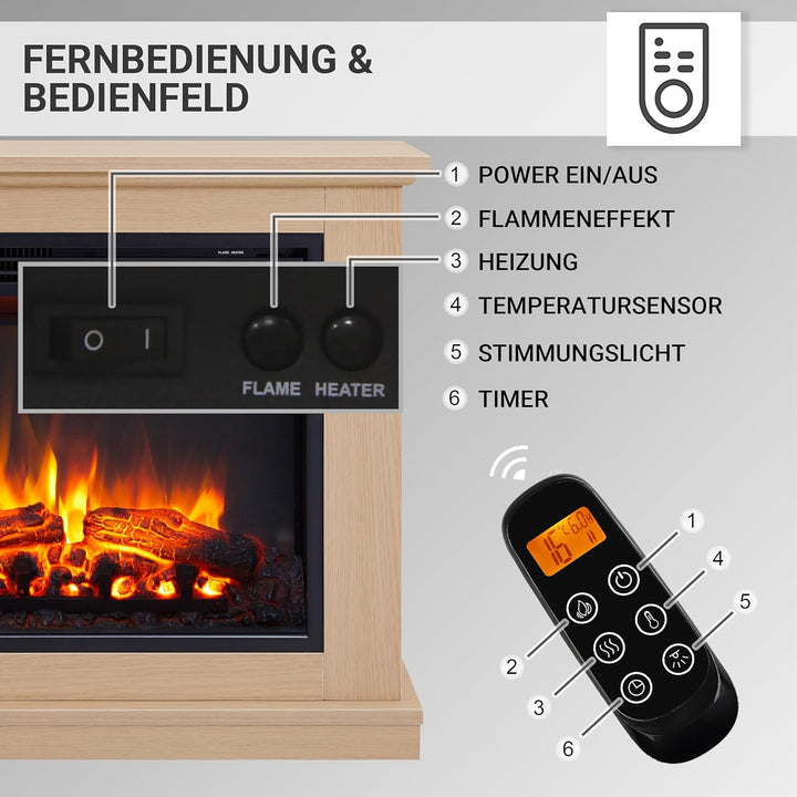 BALDERIA Phanos Elektrokamin - Elektrischer Standkamin mit Heizung 1000/2000 W, realistischer 3D-Fla