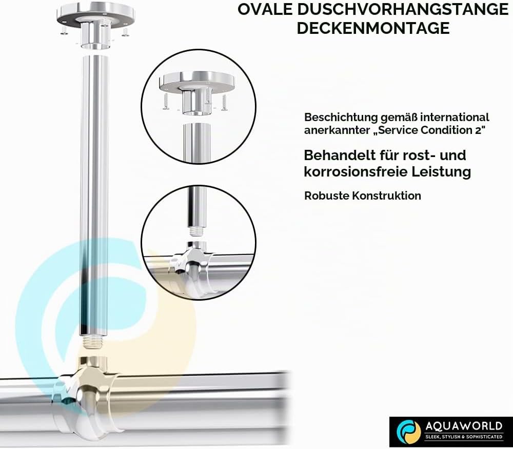 AQUAWORLD Traditionelle grosse ovale Duschvorhangstange für Badewanne mit verstellbaren Deckenstrebe