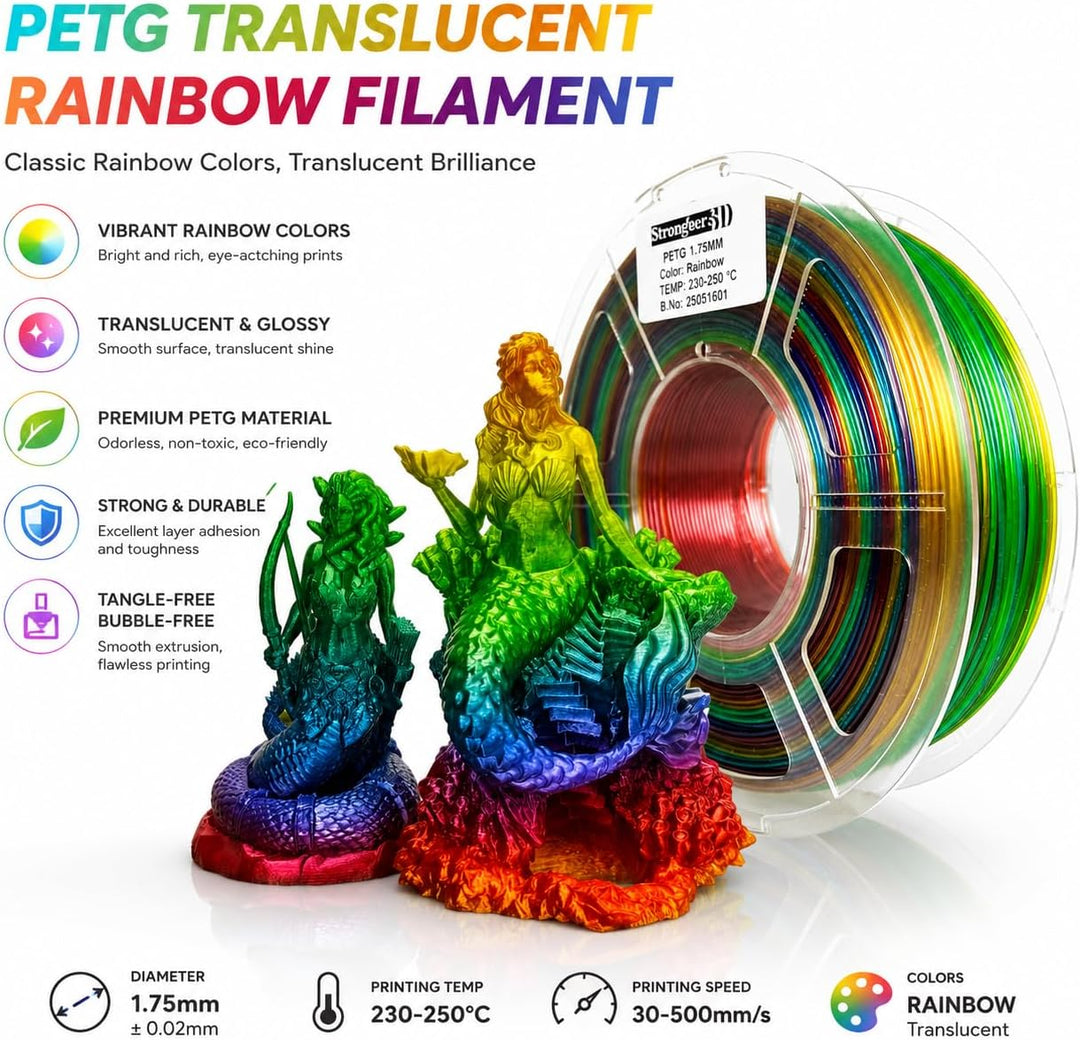 Stronghero3D PETG 3D Drucker Filament 1.75mm Mehrfarbig Translucent Regenbogen 1kg Genauigkeit +/- 0