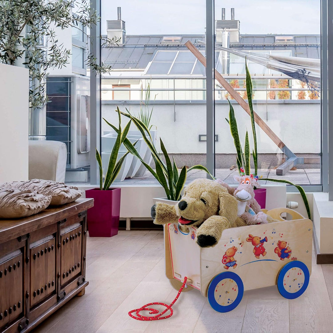 Dida - Holzwagen mit Rädern für Gegenstände und Kinderspielzeug. Dekoration: musizierende Tiere. Lei