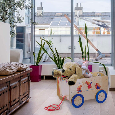 Dida - Holzwagen mit Rädern für Gegenstände und Kinderspielzeug. Dekoration: musizierende Tiere. Lei